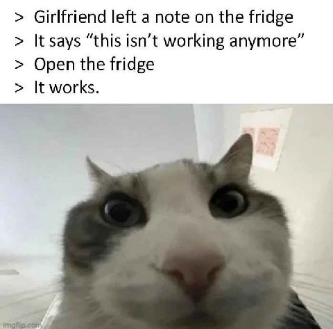 Girlfriend left a note on the fridge It says “this isn’t working anymore” Open the fridge It works.
