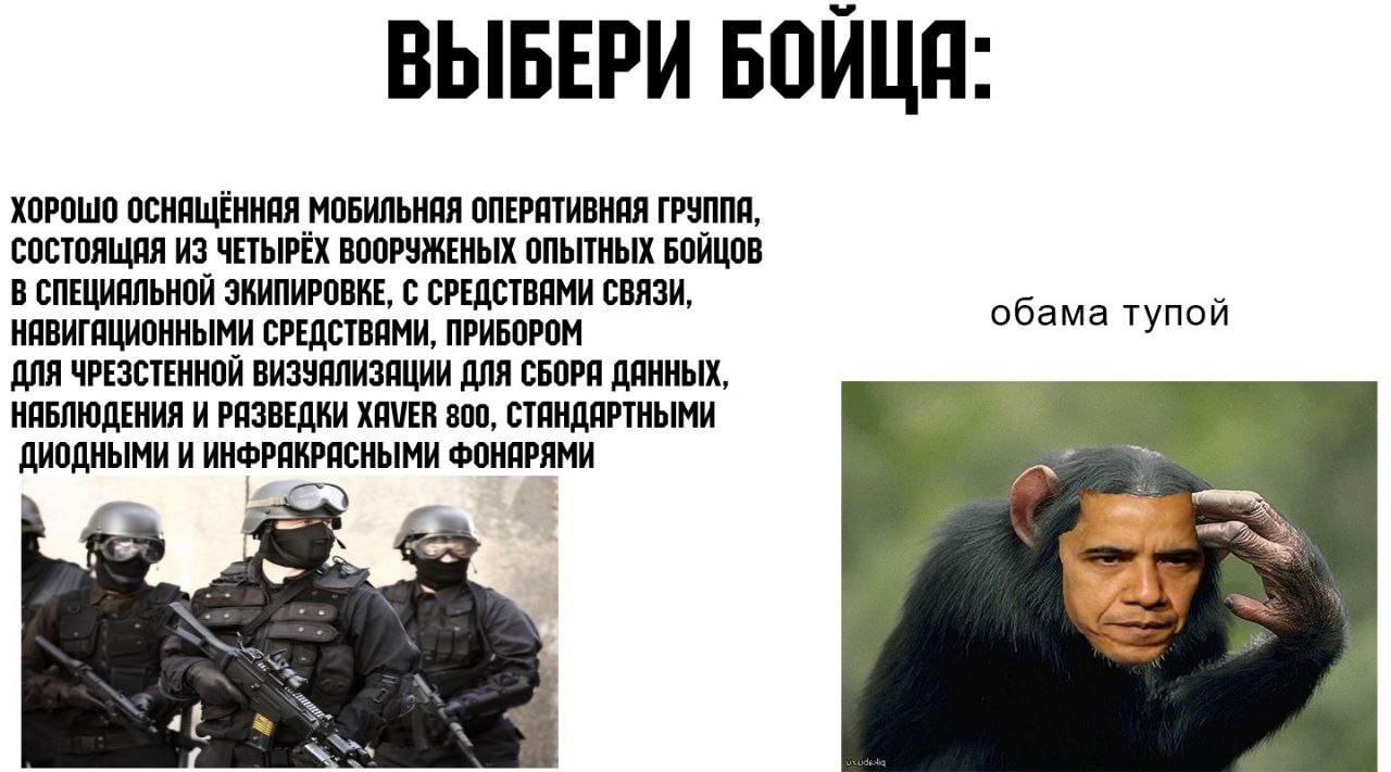 ВЫБЕРИ БОИЦЕ: a ХОРОШО OCHALJEHHAA МОБИЛЬНЯЯ ОПЕРЯТИВНИЯ ГРУППИ, СОСТОЯЩИЯ ИЗ ЧЕТЫРЕХ ВООРУЖЕНЫХ ОПЫТНЫХ БОИЦОВ В СПЕЦИЯЛЬНОЙ ЭКИПИРОВКЕ, С СВЯЗИ, НАВИГЯЦИОННЫМИ СРЕДСТВЯМИ, ПРИБОРОМ обама тупой ДЛЯ Ч