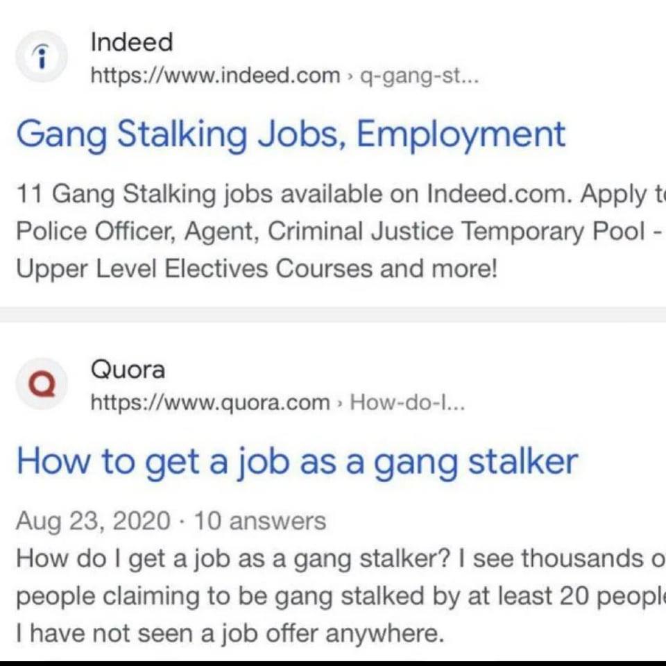 Indeed https://www.indeed.com q-gang-st... Gang Stalking Jobs, Employment 11 Gang Stalking jobs available on Indeed.com. Apply Police Officer, Agent, Criminal Justice Temporary Pool Upper Level Electi
