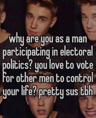 why are you as а man participating in electoral olitics? you love vote 0 other men to control your pretty sus tbh