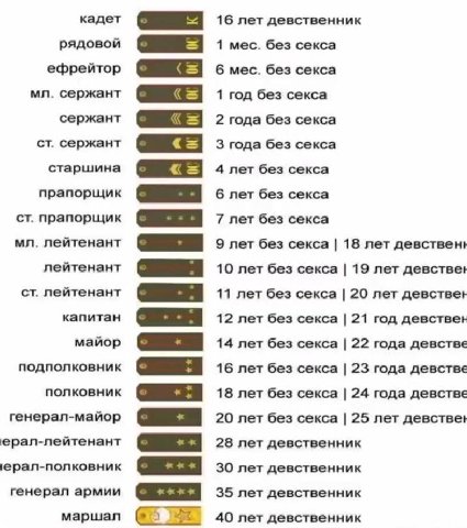 кадет 16 лет девственник рядовой 3 1 мес. без секса ефрейтор 6 мес. без секса сержант 1 год без секса сержант 2 года без секса сержант 3 года без секса старшина 4 лет без секса прапорщик 6 лет без сек