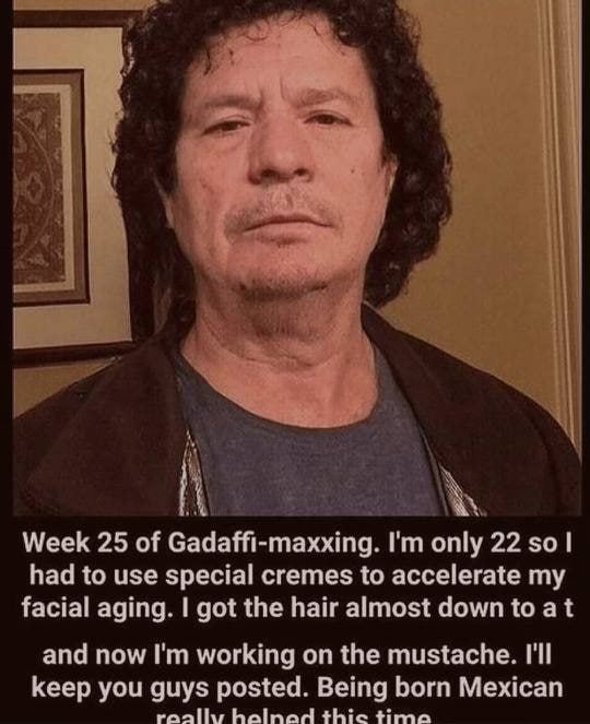 14 Week 25 of Gadaffi-maxxing. only 22 so had to use special cremes to accelerate my facial aging. got the hair almost down to at and now working on the mustache. I'll keep you guys posted. Being born