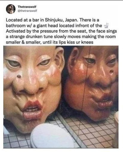 Thetranswolf @thetranswolf Located at a bar in Shinjuku, Japan. There is a bathroom a giant head located infront of the Activated the pressure from the seat, the face sings a strange drunken tune slow