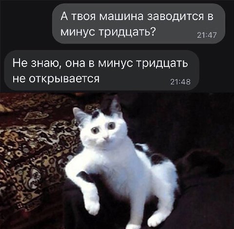 А твоя машина заводится в минус тридцать? 21:47 Не знаю, она в минус тридцать не открывается 21:48
