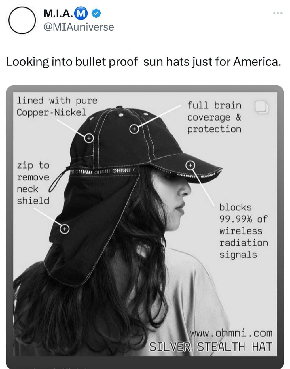 M.LA.@ @МТАцимегзе Looking into bullet proof sun hats just for America. lined with pure full brain Copper -Nickel coverage protection zip to remove И neck shield blocks 99.99% of wireless radiation si
