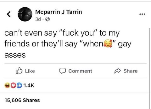 Мсраггт Tarrin за. can't even say “fuck you” to my с friends or they'll say “when gay asses Like Comment a Share 15,606 Shares