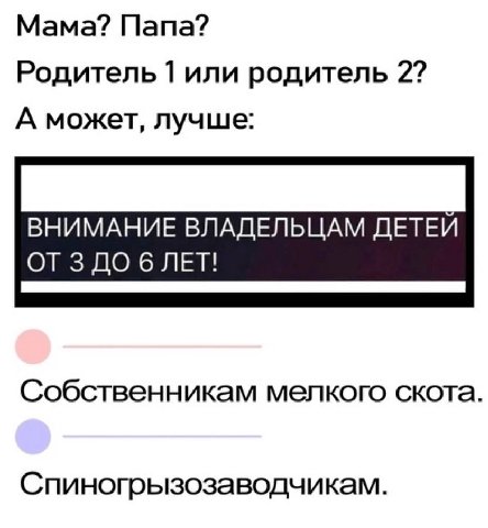 Мама? Папа? Родитель 1 или родитель 2? А может, лучше: ВНИМАНИЕ ВЛАДЕЛЬЦАМ ДЕТЕИ Собственникам мелкого скота. Спиногрызозаводчикам.