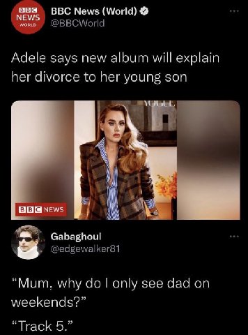 BBC News (World) NEWS WORLD @BBCWorld Adele says new album will explain her divorce to her young son рых BBG News Gabaghoul @edgewalker81 “Mum, why only see dad on weekends?” “Track 5.”