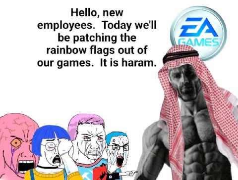 Hello, new employees. Today we'll be patching the rainbow flags outof our games. It is haram. 2