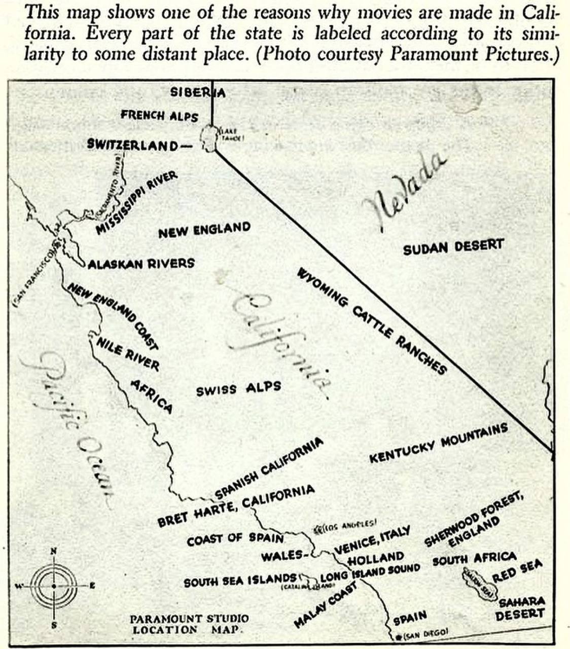 This map shows one of the reasons why movies are made in Cali- fornia. Every part of the state is labeled according to its simi- larity to some distant place. (Photo courtesy Paramount Pictures.) SIBE