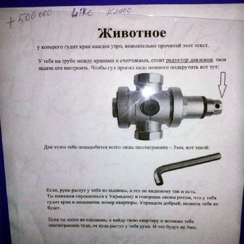 Lik А Ade 0 600 Животное у которого гудит кран каждое утро, внимательно прочитай этот текст. У тебя на трубе между кранами и счетчиками, стоит редуктор давления, твоя задача его настроить. Чтобы гул п