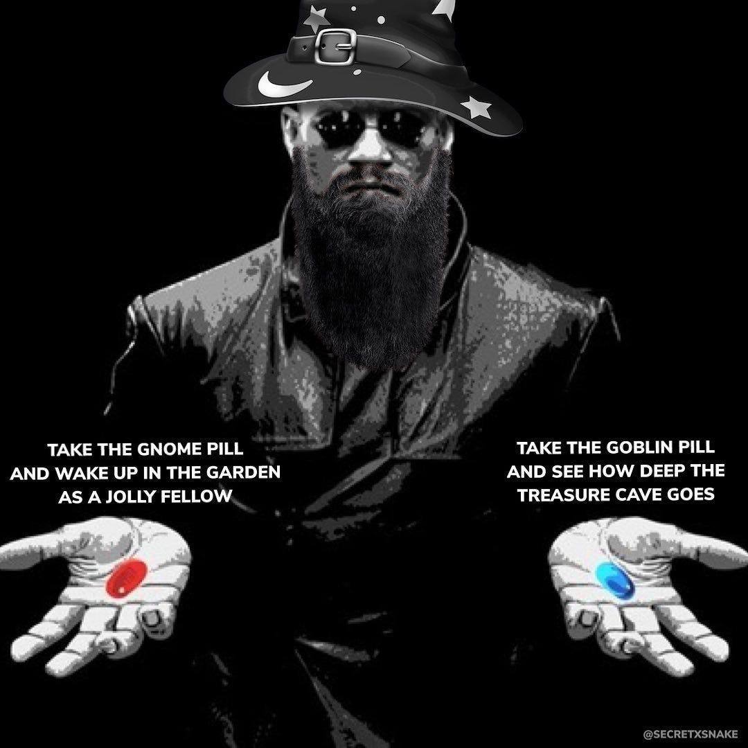 TAKE THE GNOME PILL TAKE THE GOBLIN PILL AND WAKE UP IN THE GARDEN AND SEE HOW DEEP THE AS А JOLLY FELLOW TREASURE CAVE GOES