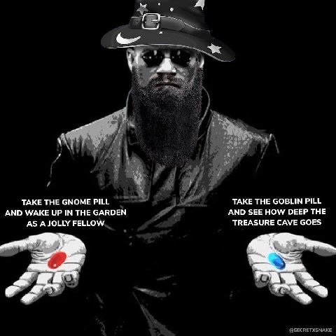 TAKE THE GNOME PILL TAKE THE GOBLIN PILL AND WAKE UP IN THE GARDEN AND SEE HOW DEEP THE AS А JOLLY FELLOW TREASURE CAVE GOES