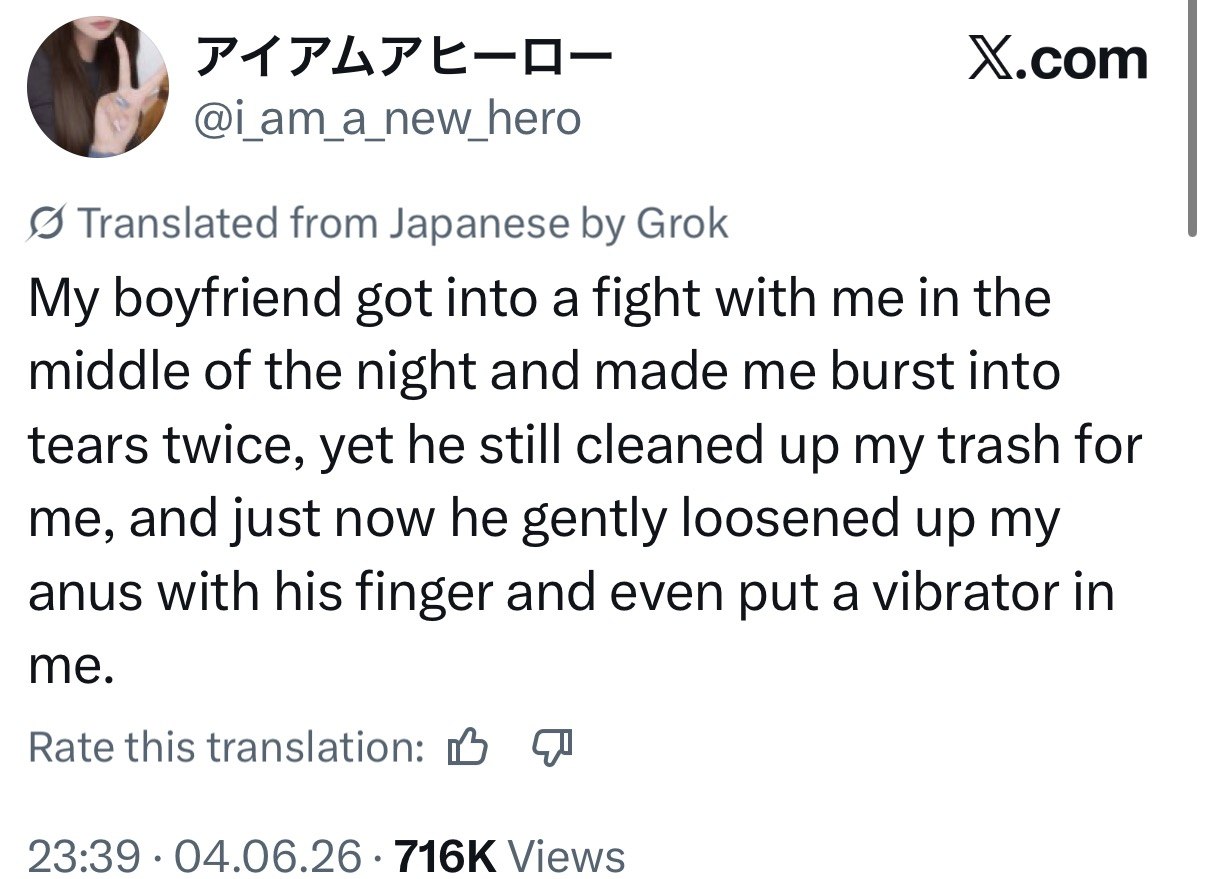 Х.сот а пем/ hero Translated from Japanese Grok My boyfriend got into a fight with me in the middle of the night and made me burst into tears twice, yet he still cleaned up my trash for me, and just n