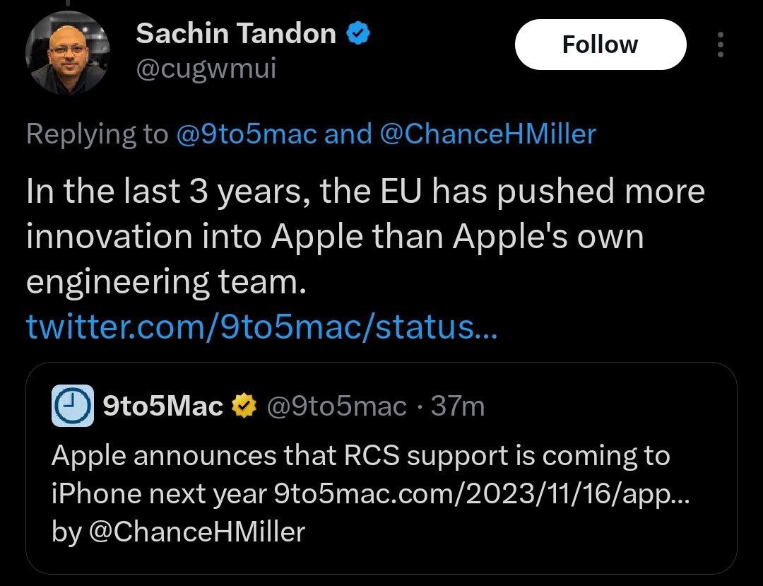 Sachin Tandon @сибмти Replying to @9to5mac and @ChanceHMiller In the last 3 years, the has pushed more Innovation into Apple than Apple's own engineering team. 9to5Mac @Э{о5тас Apple announces that RC