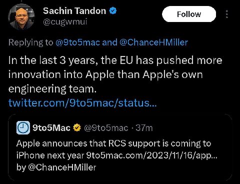 Sachin Tandon @сибмти Replying to @9to5mac and @ChanceHMiller In the last 3 years, the has pushed more Innovation into Apple than Apple's own engineering team. 9to5Mac @Э{о5тас Apple announces that RC