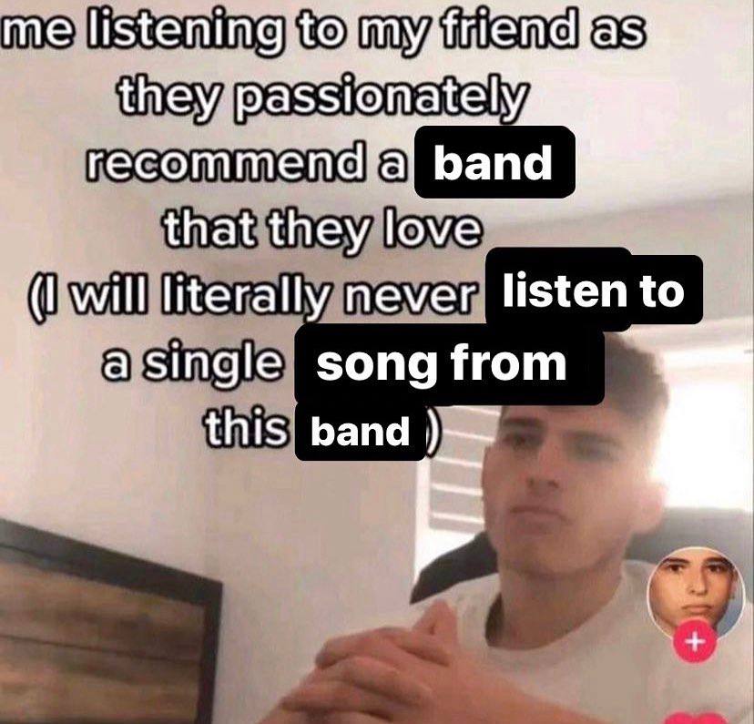me listening, they’ Passionately recommend a band that they love. (I will literally never listen to asingle song from this band у