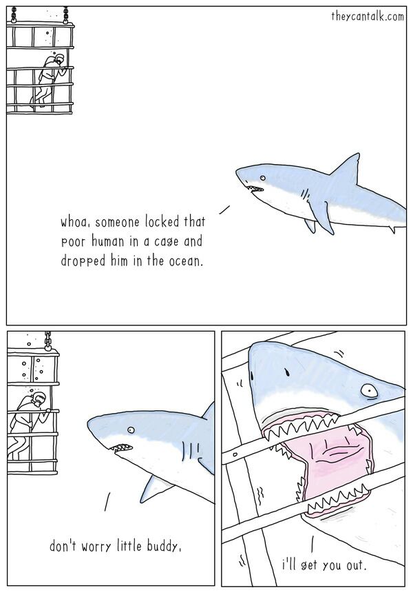 theycantalk.com whoa, someone locked that poor human in a cage and dropped him in the ocean. a У» don't worry little buddy, i'll get you out.