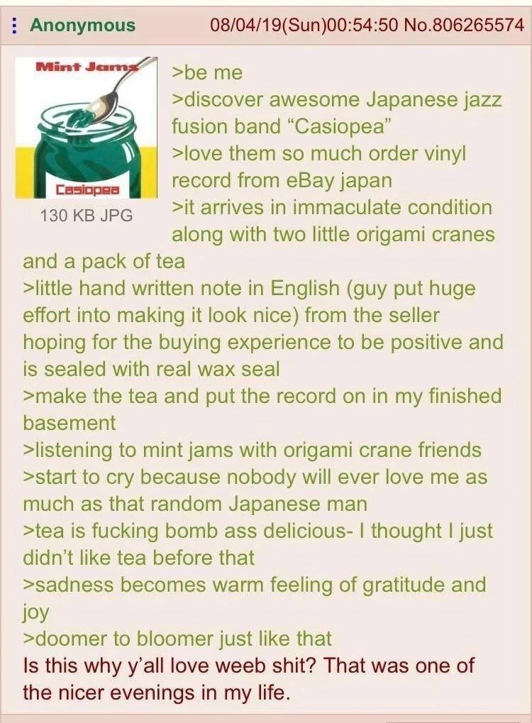 Anonymous 08/04/19(Sun)00:54:50 No.806265574 Jen >be me >discover awesome Japanese jazz band “Сазюреа” >love them so much order vinyl record from eBay japan 130 JPG >it arrives in immaculate condition