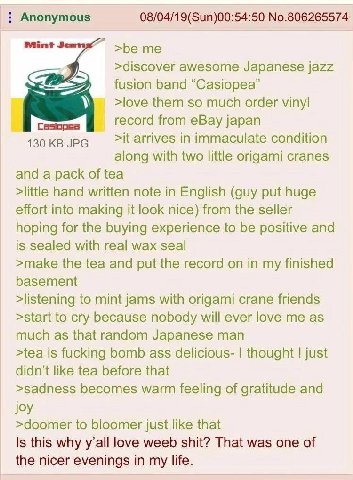 Anonymous 08/04/19(Sun)00:54:50 No.806265574 Jen >be me >discover awesome Japanese jazz band “Сазюреа” >love them so much order vinyl record from eBay japan 130 JPG >it arrives in immaculate condition