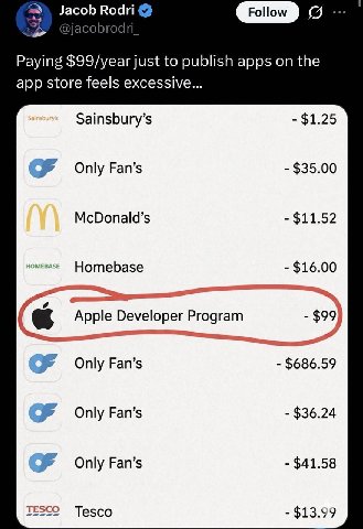 a Jacob Rodri Follow odri Paying $99/year just to publish apps on the app store feels excessive Sainsbury’s $1.25 Only $35.00 McDonald’s $11.52 Homebase $16.00 Program $686.59 Only Fan’s Only Fan’s $3