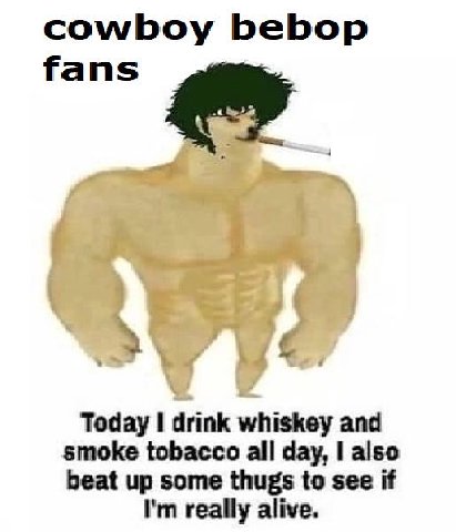 cowboy bebop fans Today drink whiskey and smoke tobacco all day, I also beat up some thugs to see if really alive.