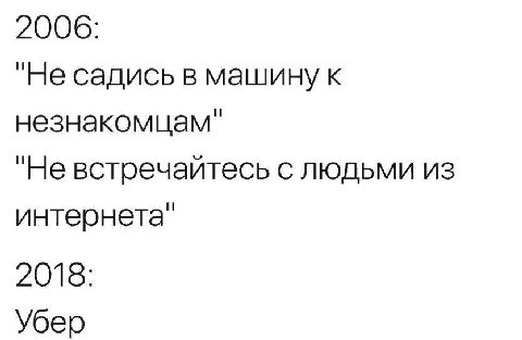 2006: "Не садись в машину к незнакомцам" "Не встречайтесь с людьми из интернета" 2018: Убер