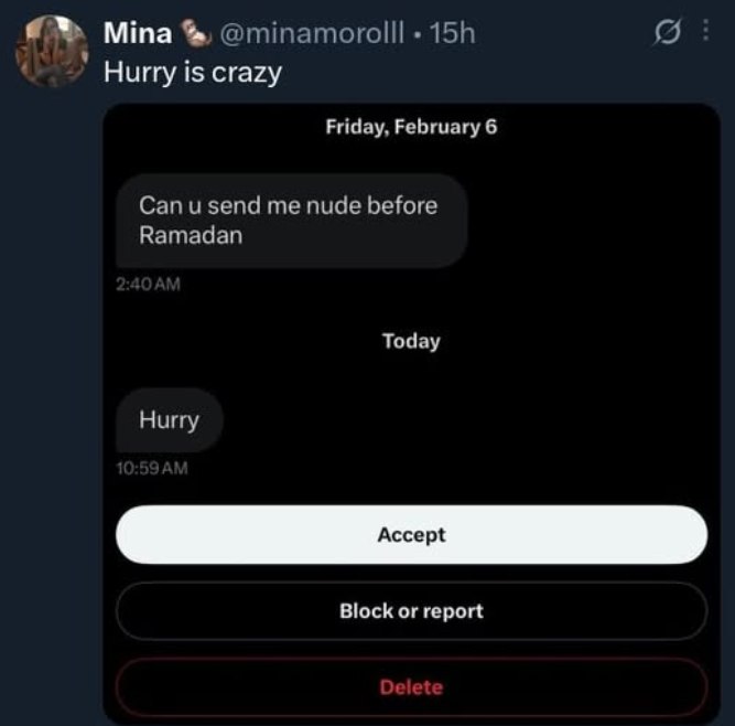 Mina @minamorolll (5 Hurry is crazy Friday, February 6 Can и send me nude before Ramadan Today Hurry Block or report