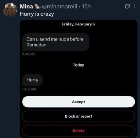 Mina @minamorolll (5 Hurry is crazy Friday, February 6 Can и send me nude before Ramadan Today Hurry Block or report