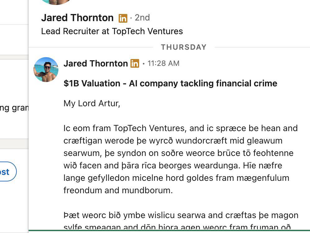 Jared Thornton Lead Recruiter at TopTech Ventures THURSDAY Jared Thornton 11:28 Valuation company tackling financial crime gran My Lord Artur, eom fram TopTech Ventures, and spreece be hean and creeft