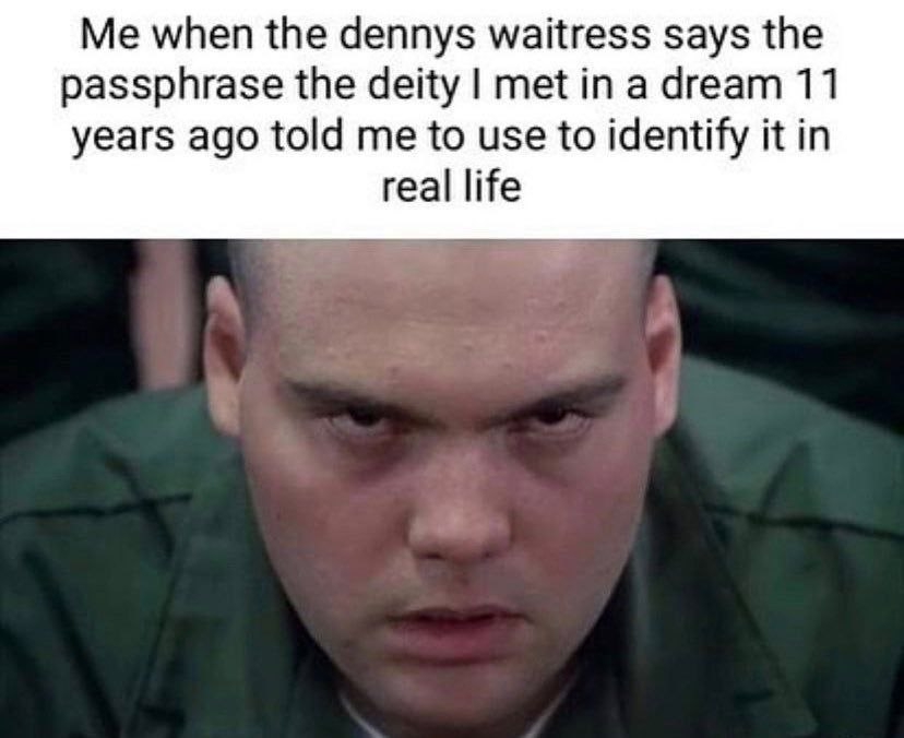 when the dennys waitress says the passphrase the deity met in a dream 11 years ago told me to use to identify it in real life