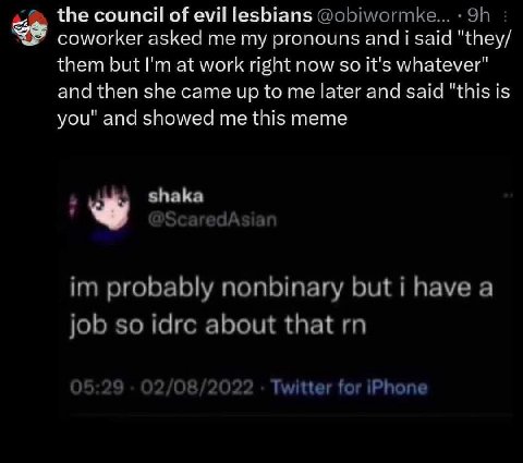 the council of evil lesbians coworker asked me my pronouns and i said "{Веу/ them but at work right now so it's whatever" and then she came up to me later ancl said "this is you" and showed me this me