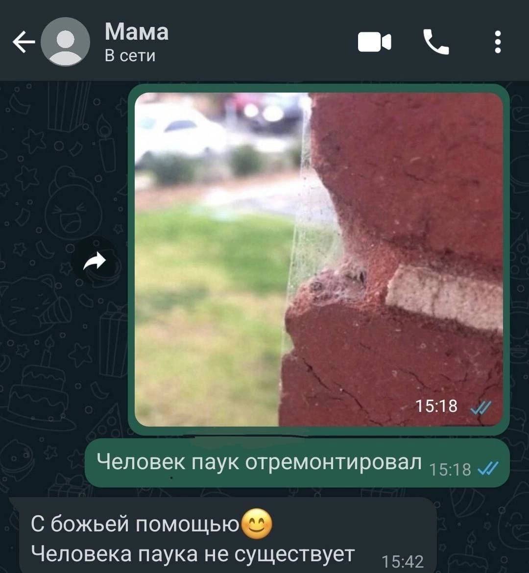 Мама В сети 15:18 Человек паук отремонтировал С божьей помощью Человека паука не существует