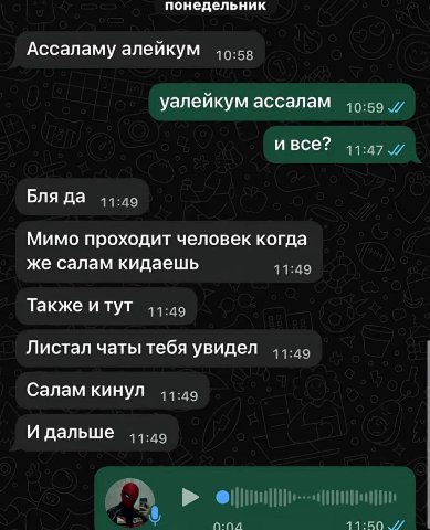 понедельник Ассаламу алейкум уалейкум ассалам и все? Бля да Мимо проходит человек когда же салам кидаешь Также и тут Листал чаты тебя увидел Салам кинул И дальше