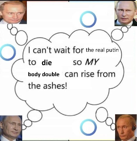 can't wait for the real putin to die so MY body double Can rise from the ashes!