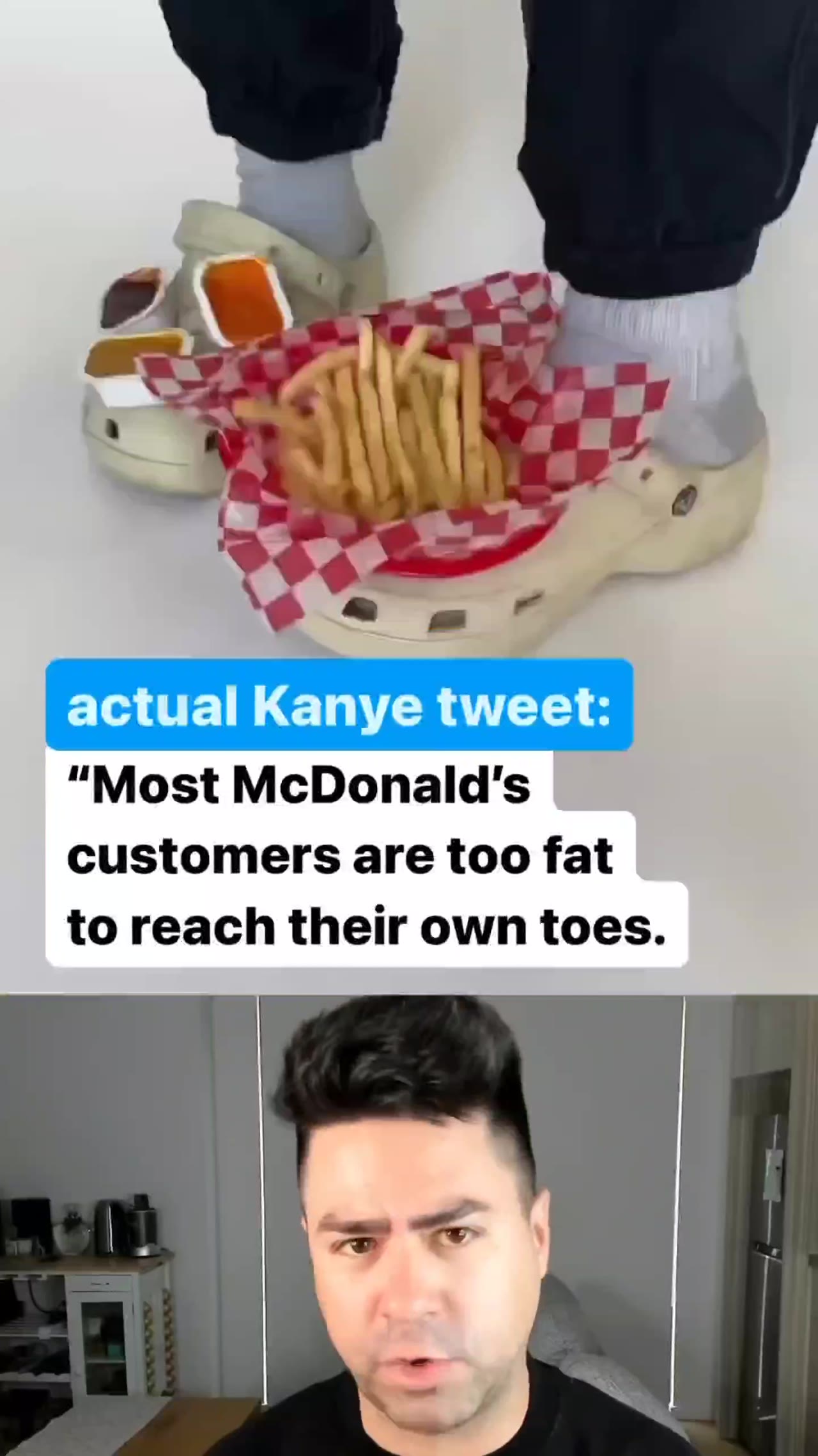 GETTING CELED. Kanye tweet: К Xe to reach their own toes. BETWEEN CROCS