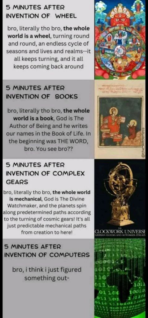 5 AFTER INVENTION OF WHEEL bro, literally tho bro, the whole world is a wheel, turning round and round, an endless cycle of seasons and lives and realms--it all keeps turning, and it all keeps coming 