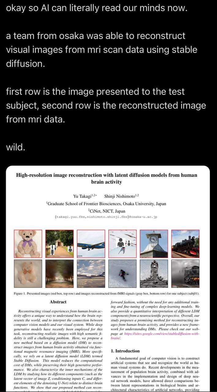 К literall mind окау SO can literally геаа our minds now. isual i data using stabl diffusi first is the ted to the test subject, second row 15 the reconstructed image from mri dat Gata. wild. High-res