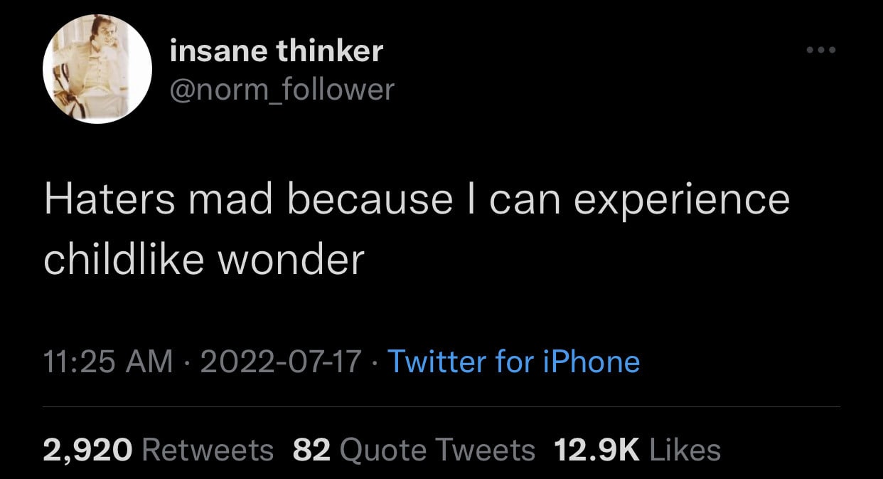 insane thinker @norm_ follower Haters mad because can experience childlike wonder 11:25 2022-07-17 Twitter for iPhone 2,920 Retweets 82 Quote Tweets Likes