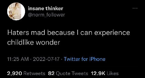 insane thinker @norm_ follower Haters mad because can experience childlike wonder 11:25 2022-07-17 Twitter for iPhone 2,920 Retweets 82 Quote Tweets Likes