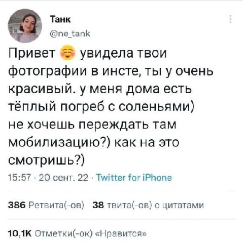 Танк Привет увидела твои фотографии в инсте, ты у очень красивый. у меня дома есть тёплый погреб с соленьями) не хочешь переждать там мобилизацию?) как на это смотришь?) 15:57 20 сент. 22 Twitter for 