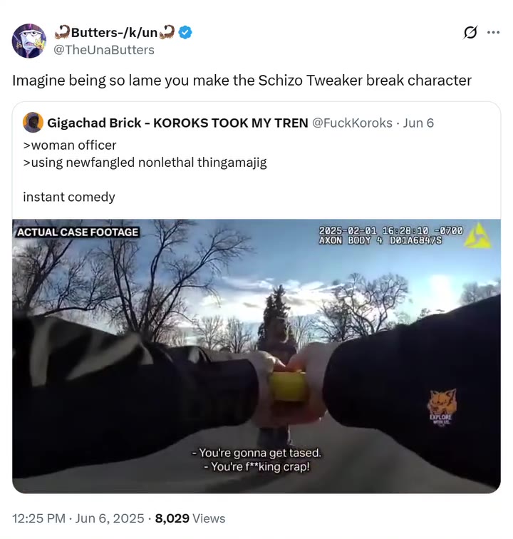 Imagine being so lame you make the Schizo Tweaker break character @ Gigachad Brick - KOROKS TOOK MY TREN @FuckKoroks - Jun 6 >woman officer >using newfangled nonlethal thingamajig instant comedy backu