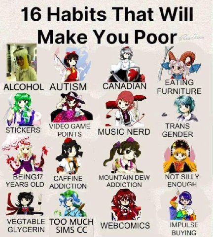 16 Habits That Will Make Poor i ALCOHOL AUTISM CANADIAN FURNITURE i feo VIDEO GAME TRANS STICKERS POINTS MUSIC NERD GENDER А a if EING17 CAFFINE MOUNTAIN DEW NOT SILLY YEARS OLD ADDICTION ADDICTION EN