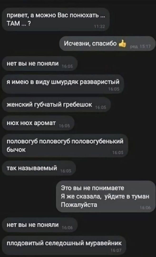 привет, а можно Вас понюхать ТАМ Исчезни, спасибо eds нет вы не поняли я имею в виду шмурдяк разваристый женский губчатый гребешок нюх нюх аромат половогуб половогуб половогубенький бычок так называем