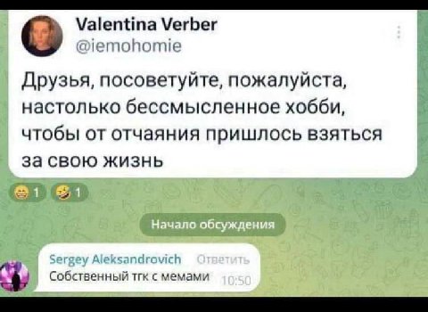 Valentina Verber Друзья, посоветуйте, пожалуйста, настолько бессмысленное хобби, чтобы от отчаяния пришлось взяться за свою жизнь Собственный тгк с мемами