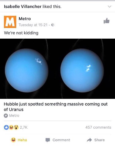 Isabelle Villancher liked this. Metro We're not kidding Hubble just spotted something massive coming out of Uranus 2 57 comm