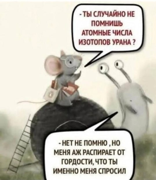 ТЫ СЛУЧАЙНО НЕ ПОМНИШЬ АТОМНЫЕ ЧИСЛА ИЗОТОПОВ УРАНА HET HE ПОМНЮ МЕНЯ РАСПИРАЕТ ГОРДОСТИ, ЧТО ТЫ ИМЕННО МЕНЯ СПРОСИЛ