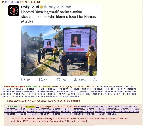 File: IMG_3197.jpg (920 Daily Loud @DailyLoud Harvard ‘doxxing truck’ parks outside students homes who blamed Israel for Hamas attacks я 166 52 о 770 8,680 О Game respect game Anonymous 10/26/23(Thu)1