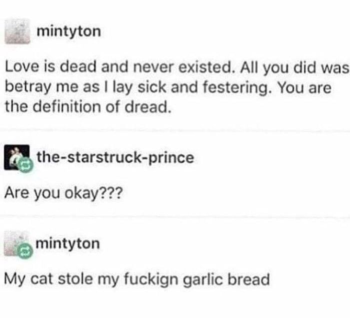 mintyton Love is dead and never existed. All you did was betray me as lay sick and festering. You are the definition of dread. the-starstruck-prince Are you okay??? mintyton My cat stole my fuckign ga