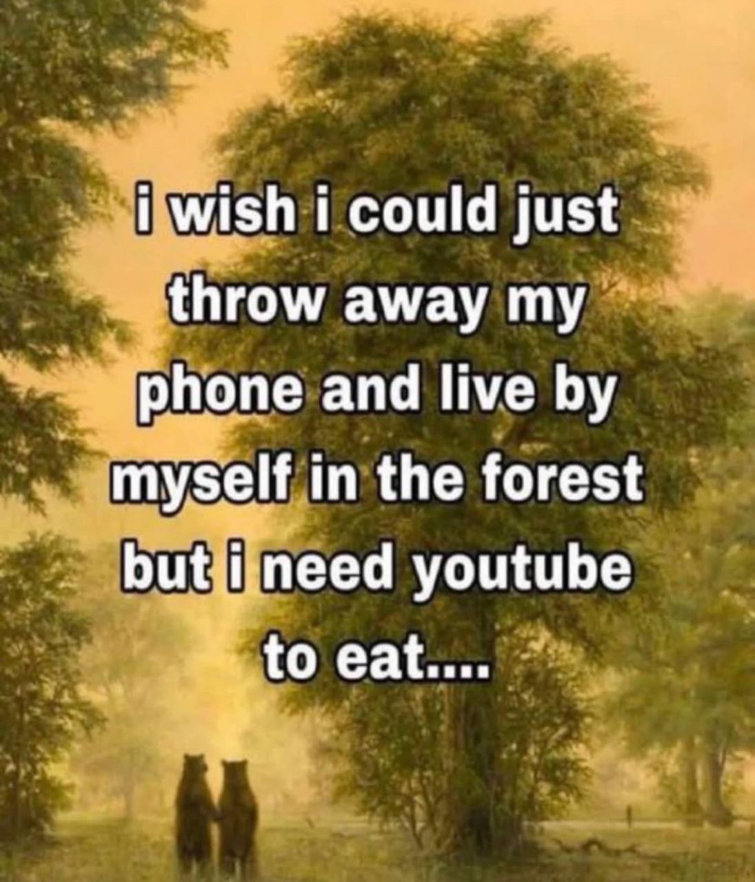 i wish i could just throw away my phone and live myself in the forest пеед youtube to eat....